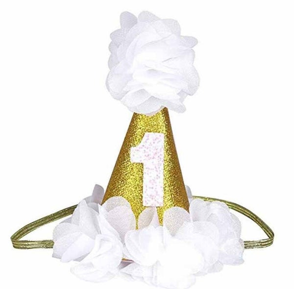 Glitter puntmutsje met bloemenrand voor een eerste verjaardag wit