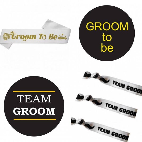 Groom to Be set met sjerp, armbandjes en buttons wit zwart en goudkleurig 22-delig