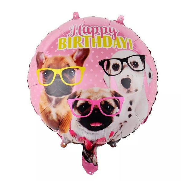Grote ronde folie ballon met de tekst Happy Birthday en 3 honden afbeeldingen