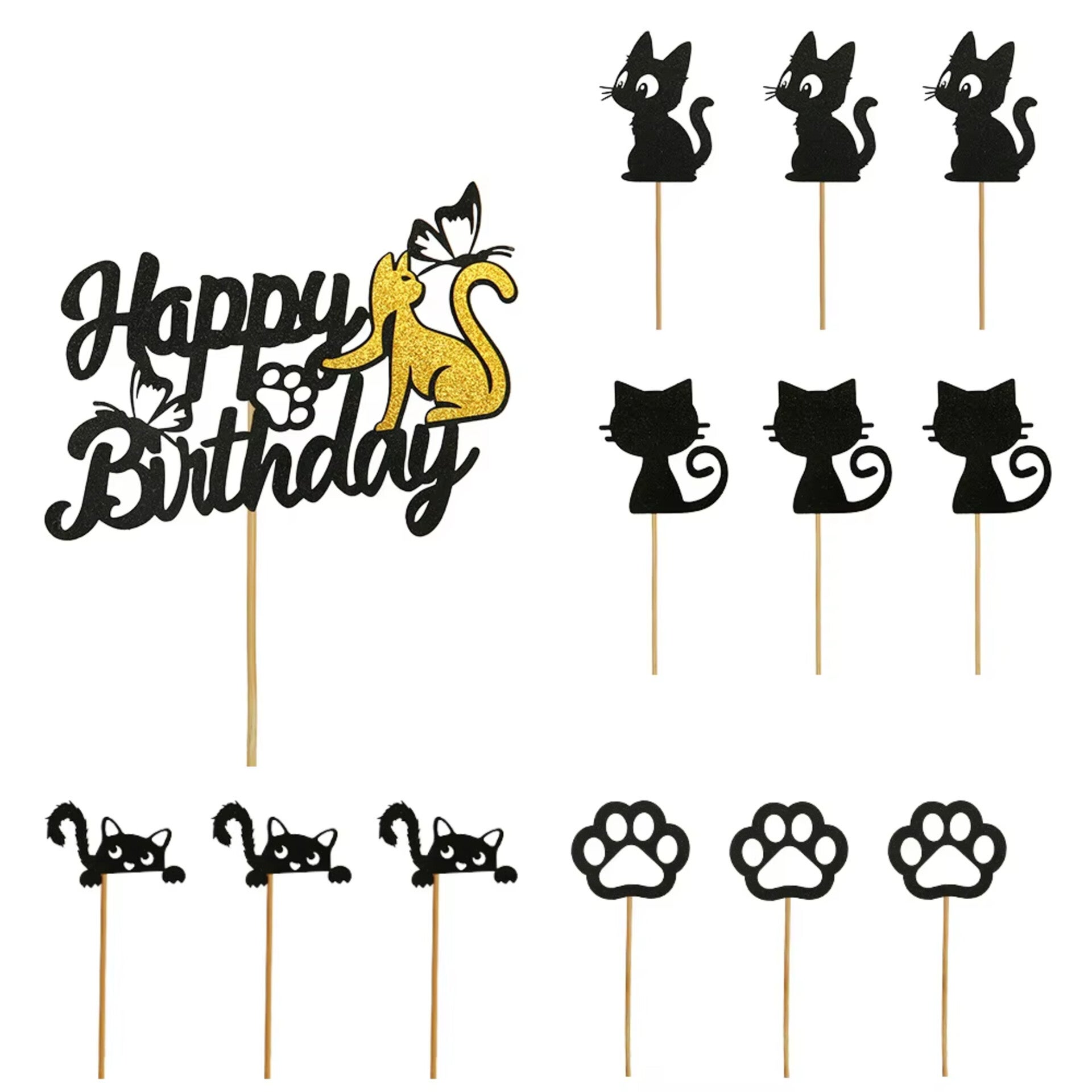 Poezen taart en cupcaketopper set Happy Birthday 13-delig