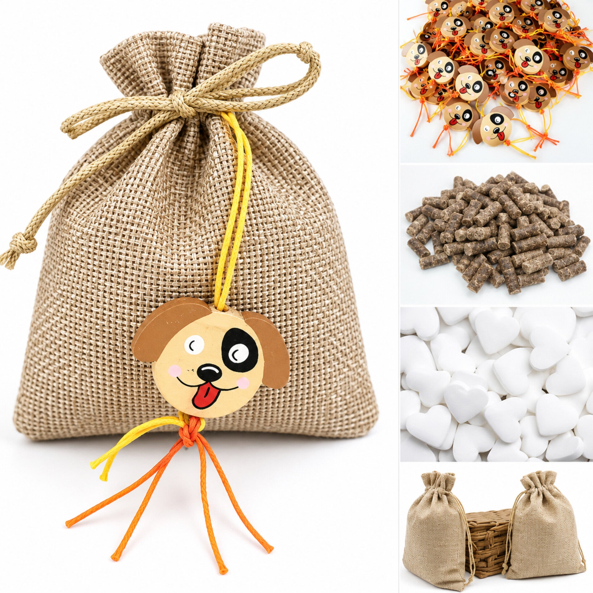 Jute zakje met houten gelukspoppetje Happy Dog en vulling naar keuze