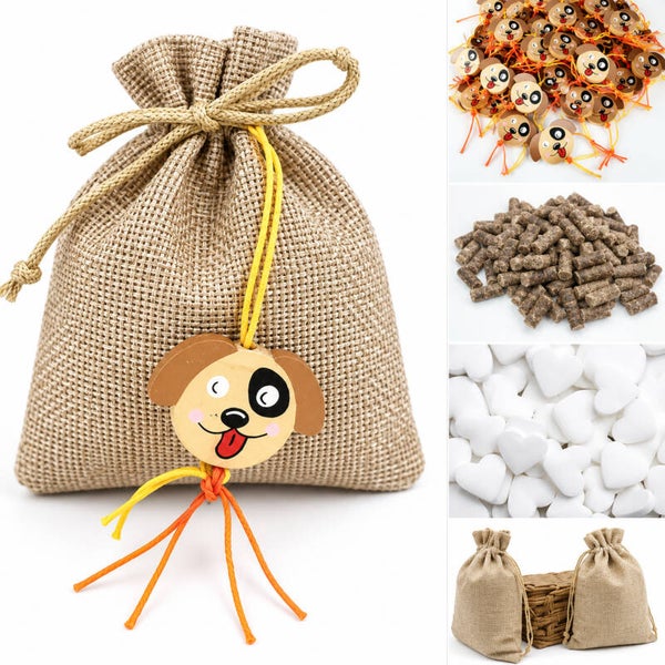 Jute zakje met houten gelukspoppetje Happy Dog en vulling naar keuze