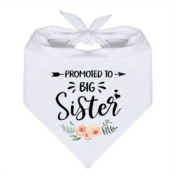 Honden bandana Promoted to Big Sister wit met zwarte tekst en bloemen