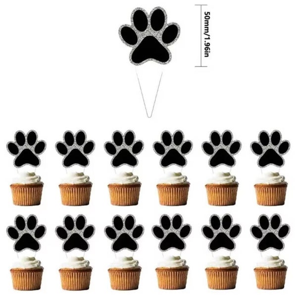 10 cupcake toppers honden pootje zwart met zilver glitter rand