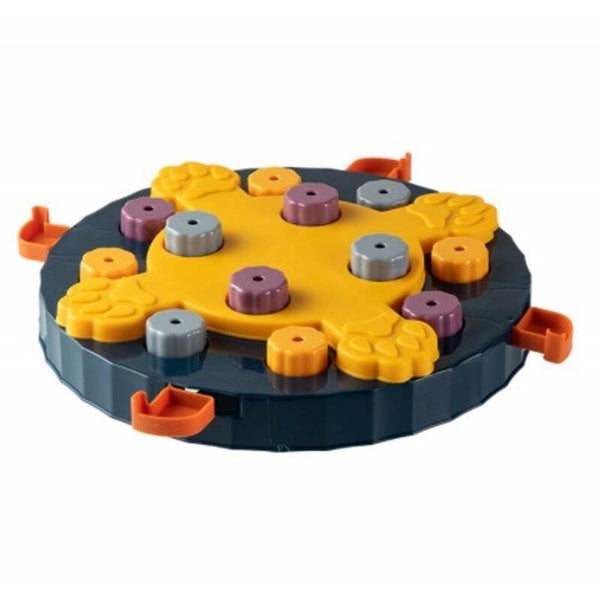 Hondenpuzzel donker grijs blauw met geel, paars en licht grijs