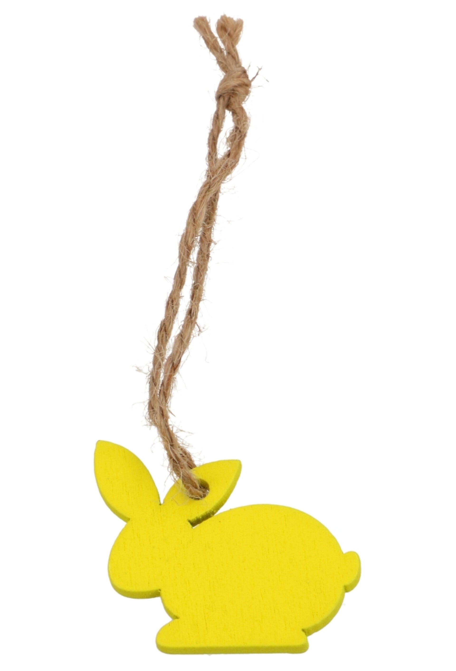 Houten gelukspoppetje Paashaasje geel aan touwtje 3.5 x 3cm 36stuks