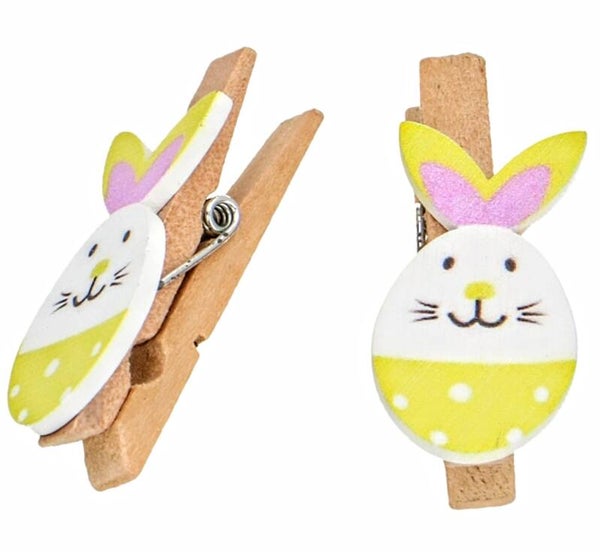 Houten deco knijper Paas Haasje geel