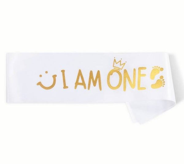 I am One eerste verjaardag sjerp wit met goud Smiley Face