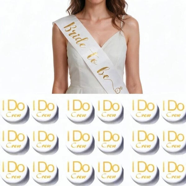 Bride to Be en I Do Crew set met sjerp en buttons wit met goud 19-delig