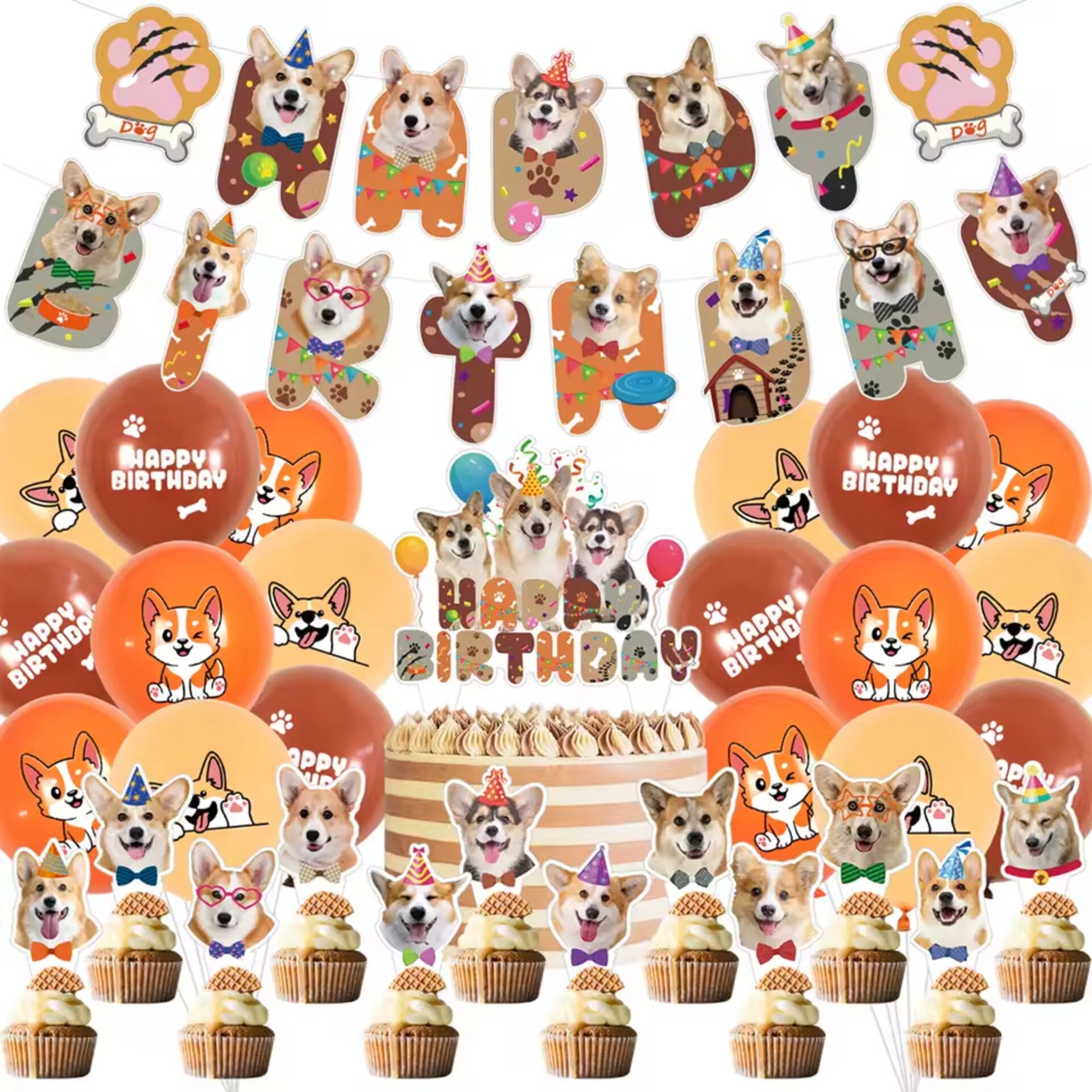 32-delige honden decoratie set Happy Birthday Corgi's