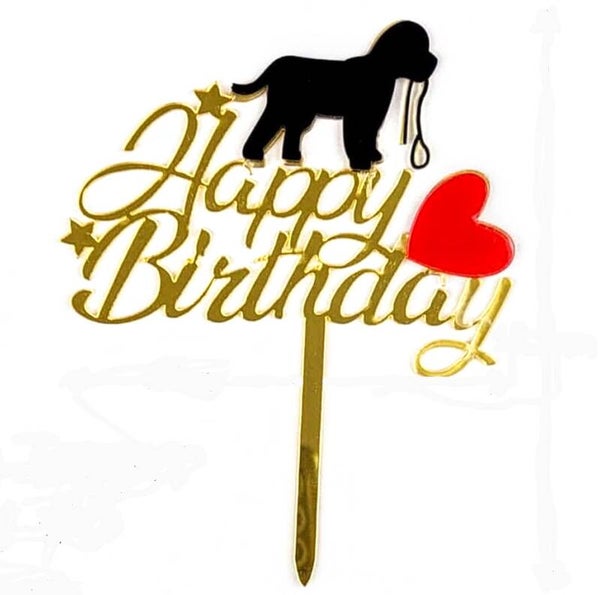 Acryl taart topper Happy Birthday goud met zwarte puppy en een rood hartje