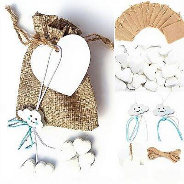 Jute giftbag met 10 hartvormige mini pepermuntjes, gelukspoppetje wolkje blauw en wit kaartje