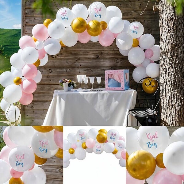 Genderreveal ballonboog set deLuxe roze, blauw, wit en goud 51-delig