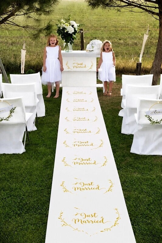 10 meter lange loper Just Married wit met goud