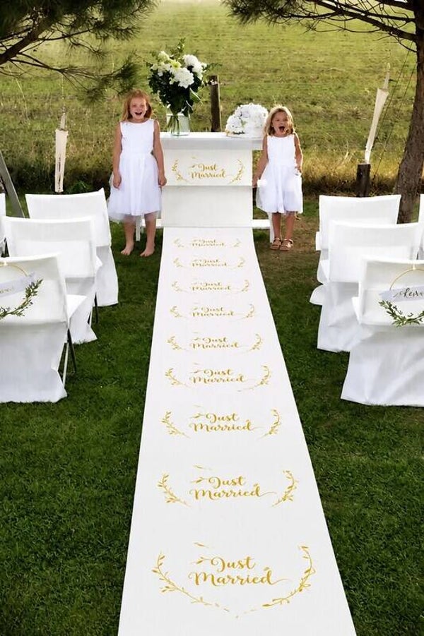 10 meter lange loper Just Married wit met goud