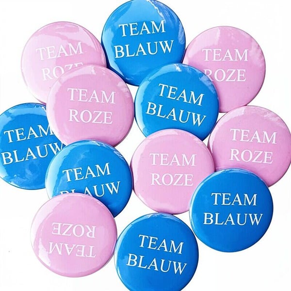 12 gender reveal buttons met 6x Team Blauw en 6x Team Roze