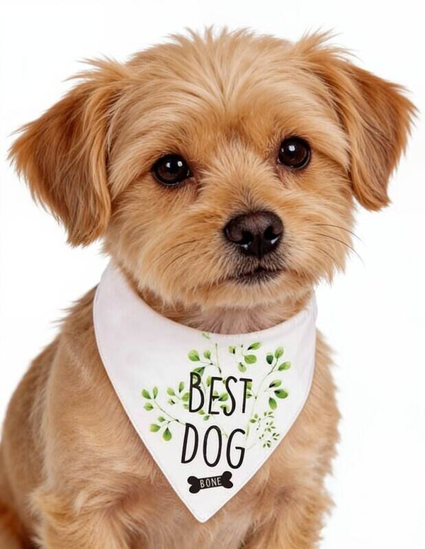 Honden bandana Best Dog wit met zwarte tekst, hondenbot en bladeren