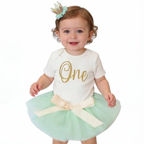 3-delig luxe 1e verjaardag cakesmash tutu setje Gold One mint en wit