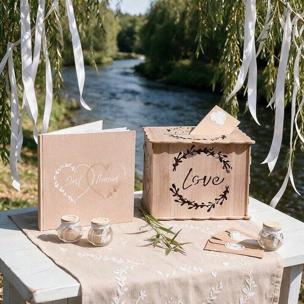 2-delige set met moneybox en gastenboek Natural hout en jute