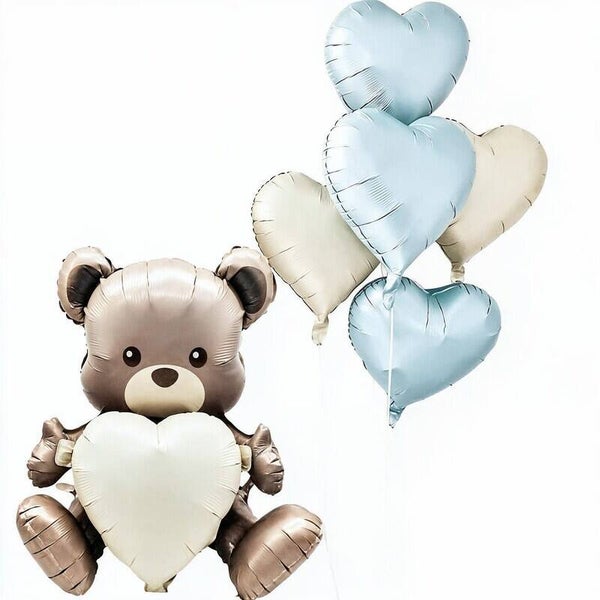 Folie ballonnen set Beer met witte en blauwe harten