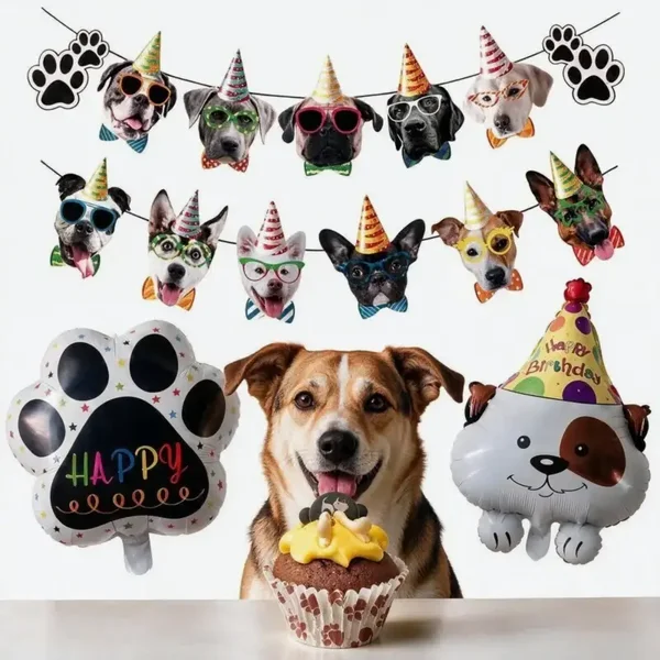 Honden verjaardags cadeau met slinger, ballonnen en honden cupcake