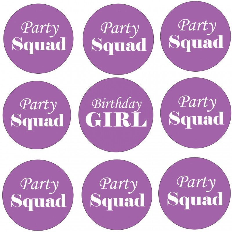 9 Buttons Birthday Girl en Party Squad paars, waarvan 1 Birthday Girl en 8 Party Squad