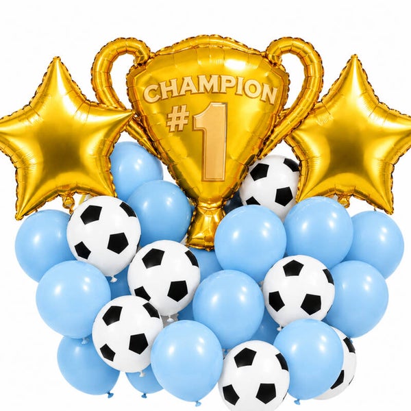 Kampioen voetbal ballonnen set zwart/wit, licht blauw en goud 33-delig