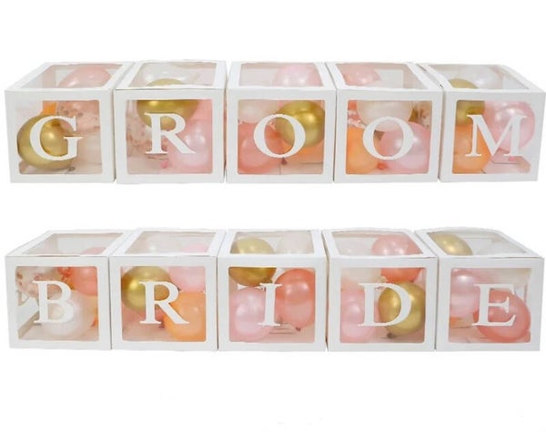 10 doorzichtige letter ballon blokken Bride en Groom wit inclusief 60 ballonnen wit, licht roze, zalm en goud