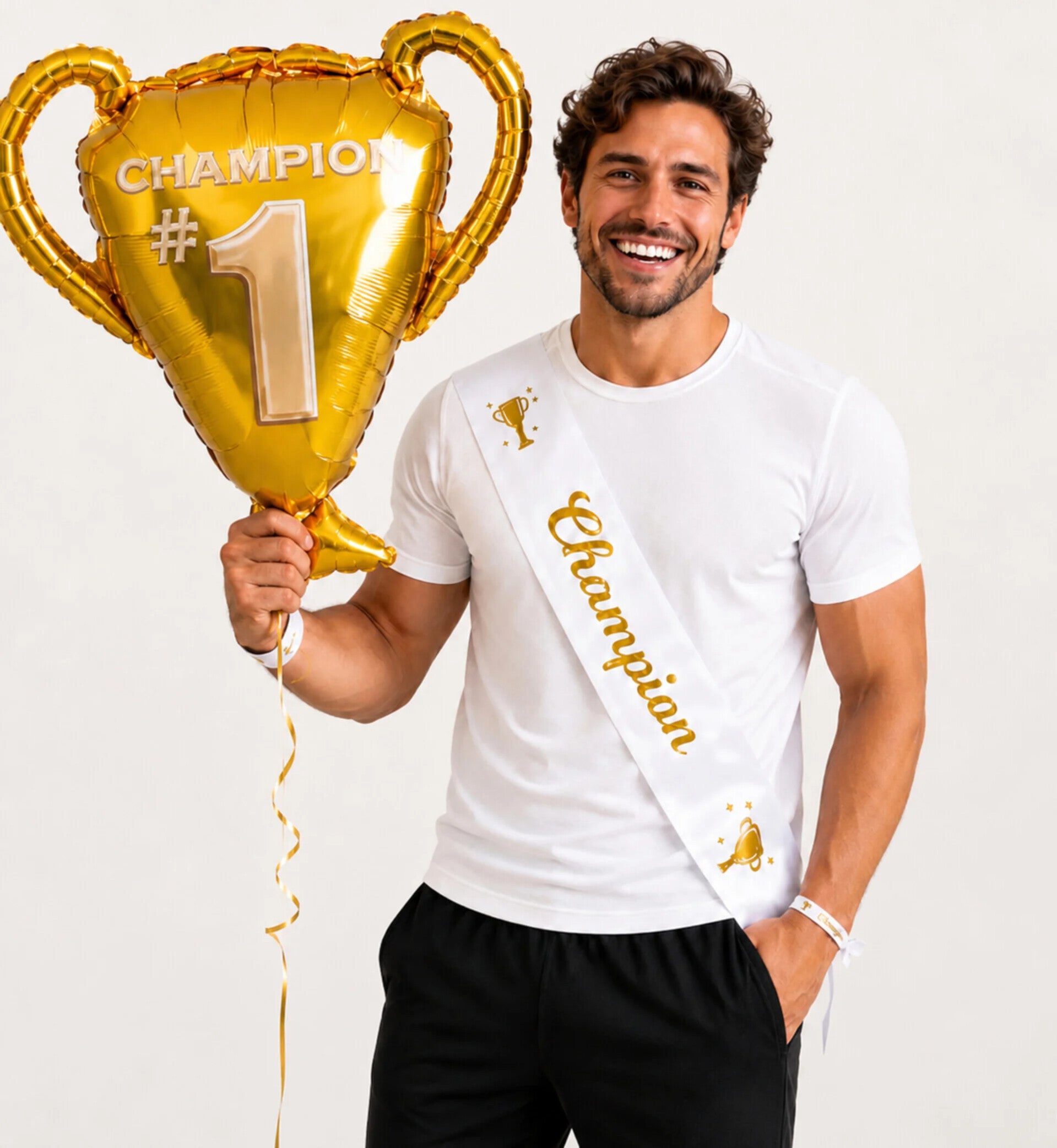 3-delige set Champion met sjerp, armband en folie ballon