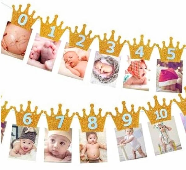 Milestone foto banner gouden kroontjes met blauwe cijfers