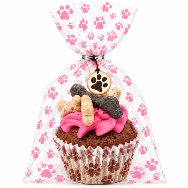 Honden cadeau met muffin rood/roze en gelukspoppetje