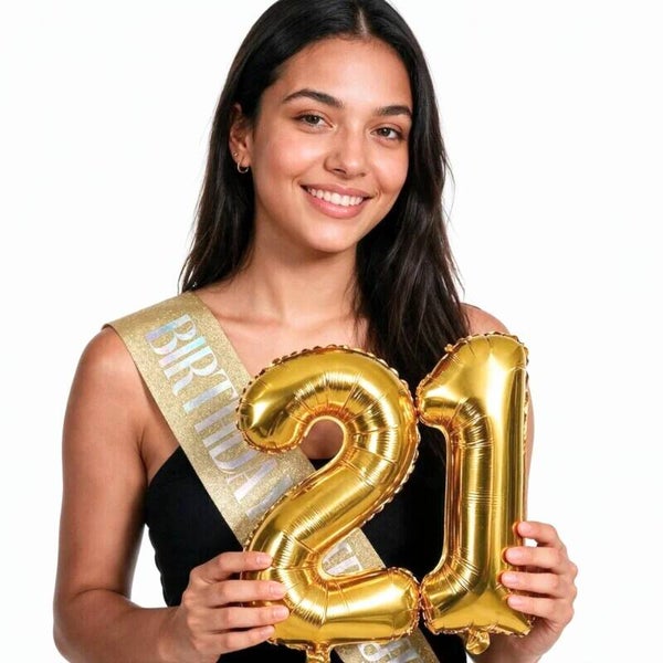 Birthday Queen 21 ballonnen en sjerp goud
