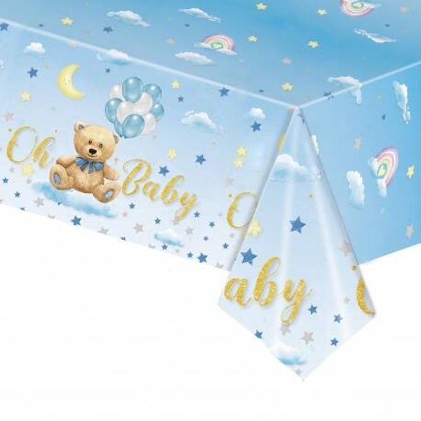 Oh Baby blauw plastic tafelkleed met beertjes