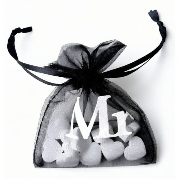 Organza zakje Mr zwart met wit en 10 mini hartvormige pepermuntjes