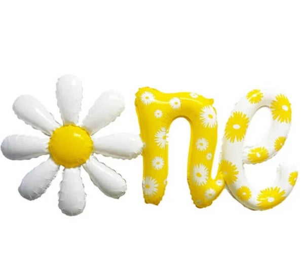 Folie ballon One wit met geel en bloemetjes