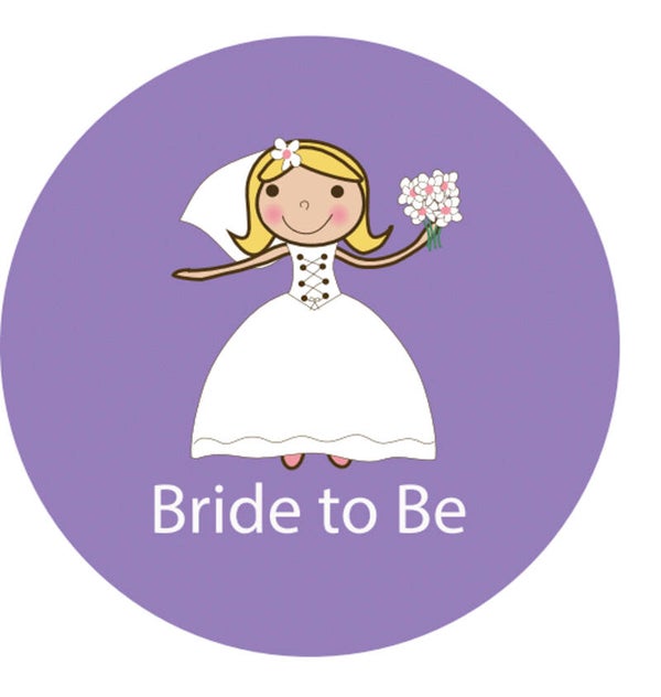 Button of kleding (magneet) Bride to Be met blond of bruin haar paars en met of zonder eigen tekst