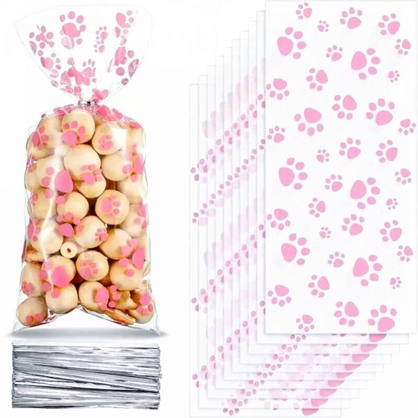 Pak met 25 doorzichtige cellofaan zakjes met roze katten pootjes
