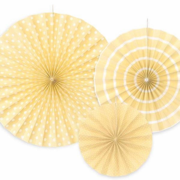 Paper Fans geel met witte stippen en streepjes (3 stuks)