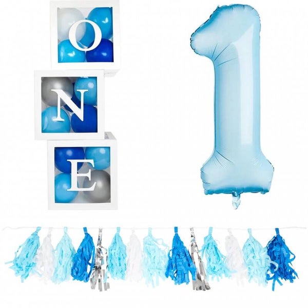 Party pakket eerste verjaardag met ballonbox met ballonnen, tassel slinger en folie ballon 1