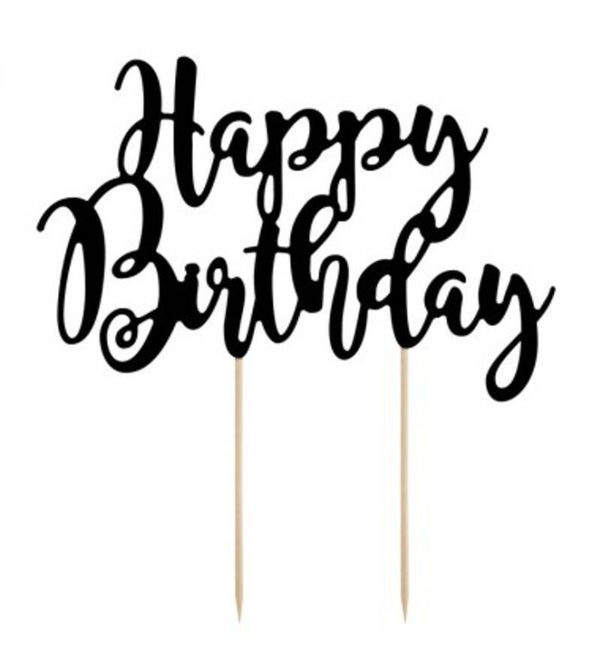 Happy Birthday cake topper zwart met hout