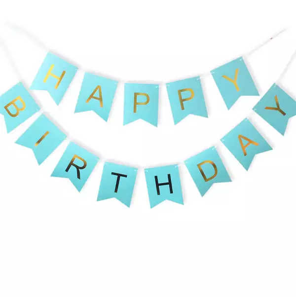 Slinger Happy Birthday licht blauw met folie gouden letters
