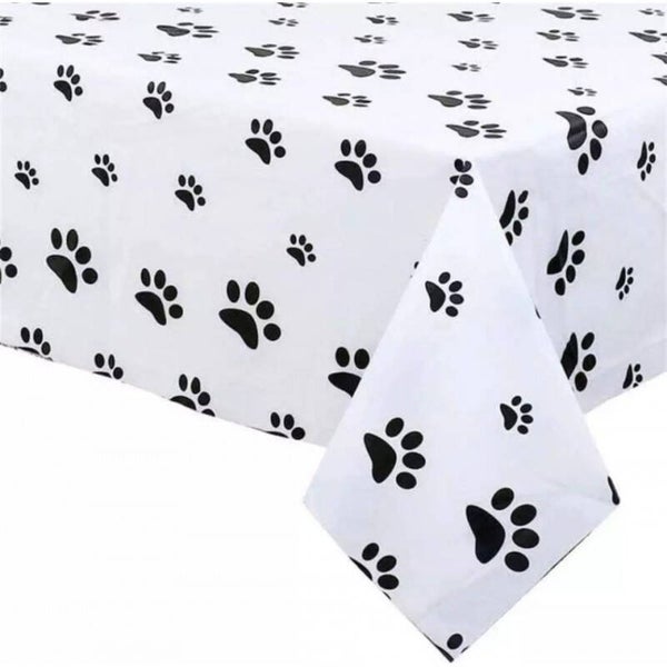 Plastic tafelkleed wit met zwarte honden pootjes