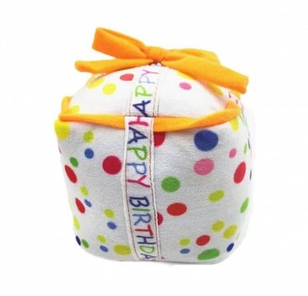 Pluche honden speeltje in de vorm van een cadeautje