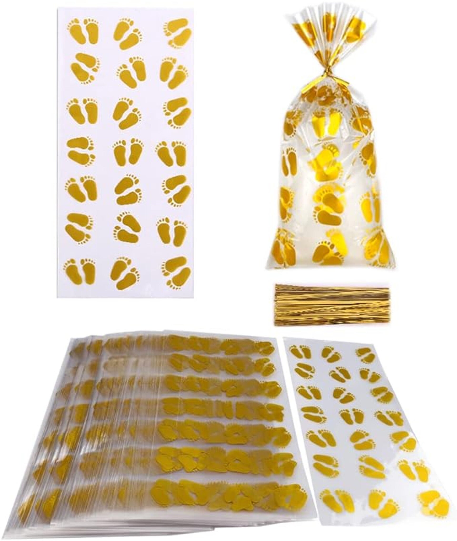 Pak met 25 doorzichtige cellofaan zakjes met goudkleurige baby voetjes
