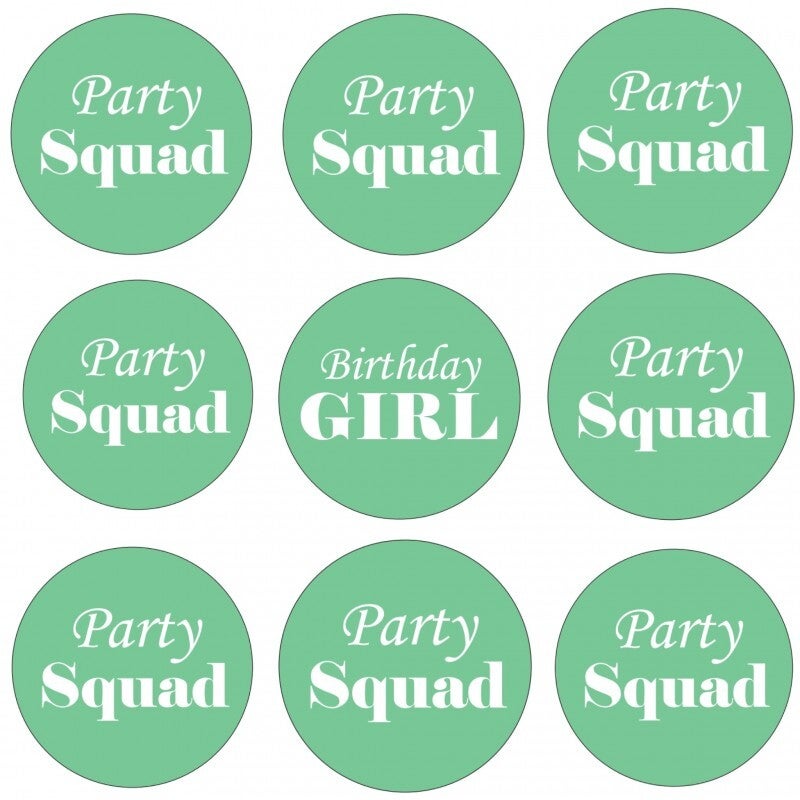 9 Buttons Birthday Girl en Party Squad mint, waarvan 1 Birthday Girl en 8 Party Squad