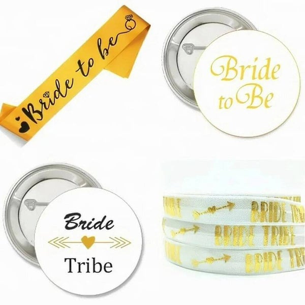 22-delige Vrijgezellenfeest set Bride Tribe goud wit met buttons, sjerp en armbanden
