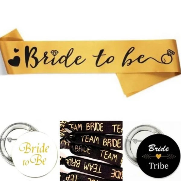 Vrijgezellenfeest set 22-delig Bride to Be zwart met goud en wit met sjerp, armbanden en buttons