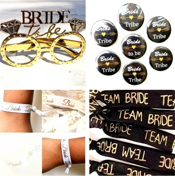 15-delige Vrijgezellenfeest set Team Bide zwart met goud met bril, armbanden en buttons