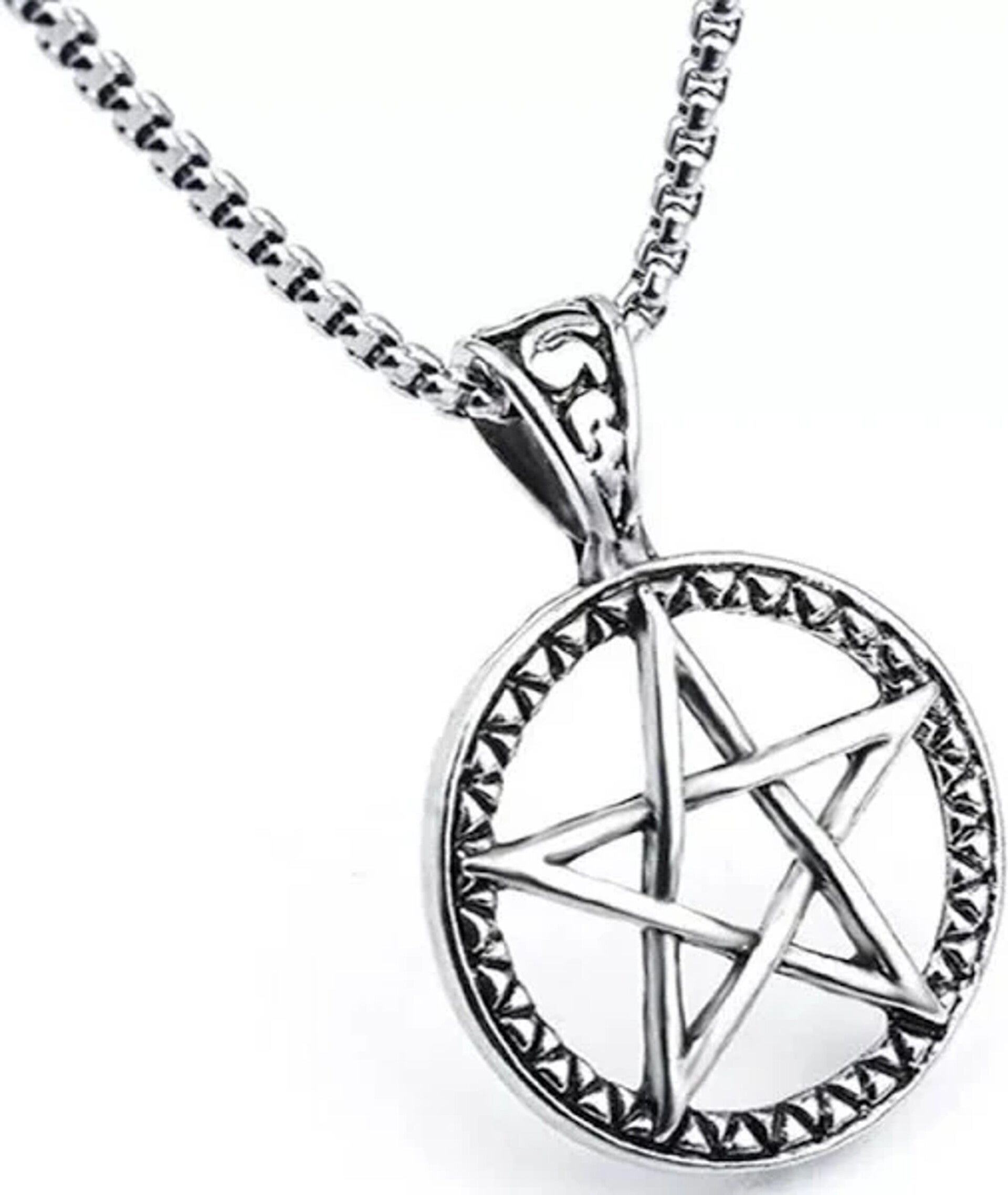 Lange heren ketting Gothic Pentagram rond zilverkleurig