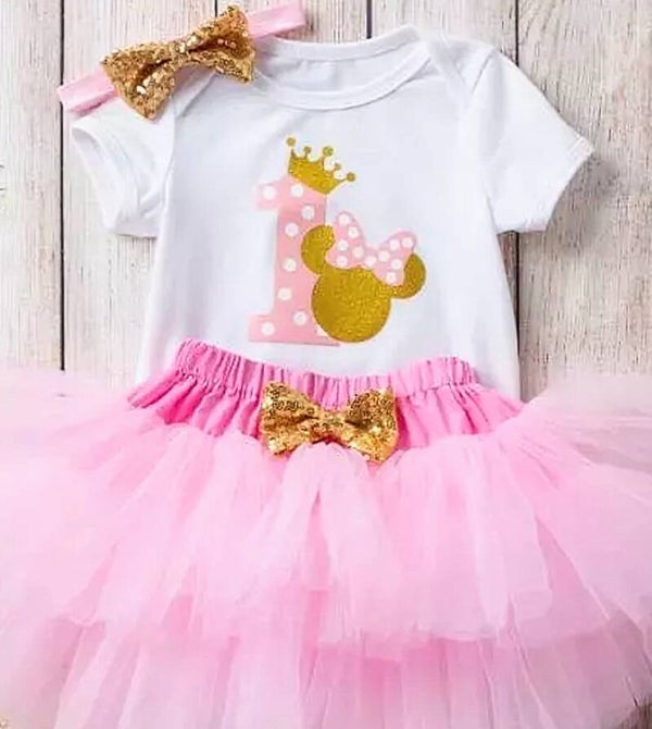 3-delig eerste verjaardags setje Minnie in de kleuren wit, goud en licht roze